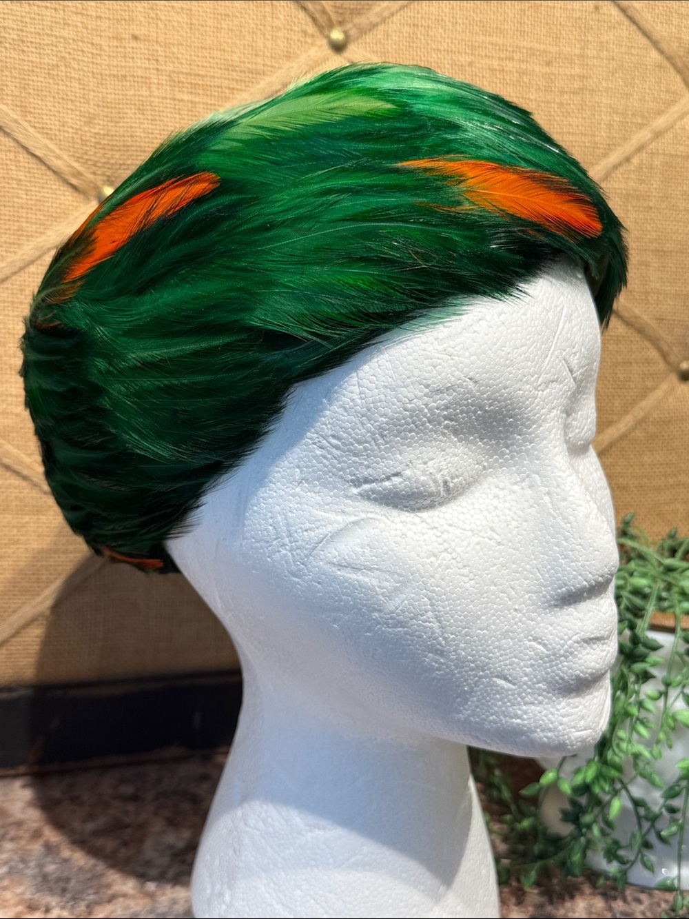 Vintage Green Feathered Cocktail Hat with Orange Accents